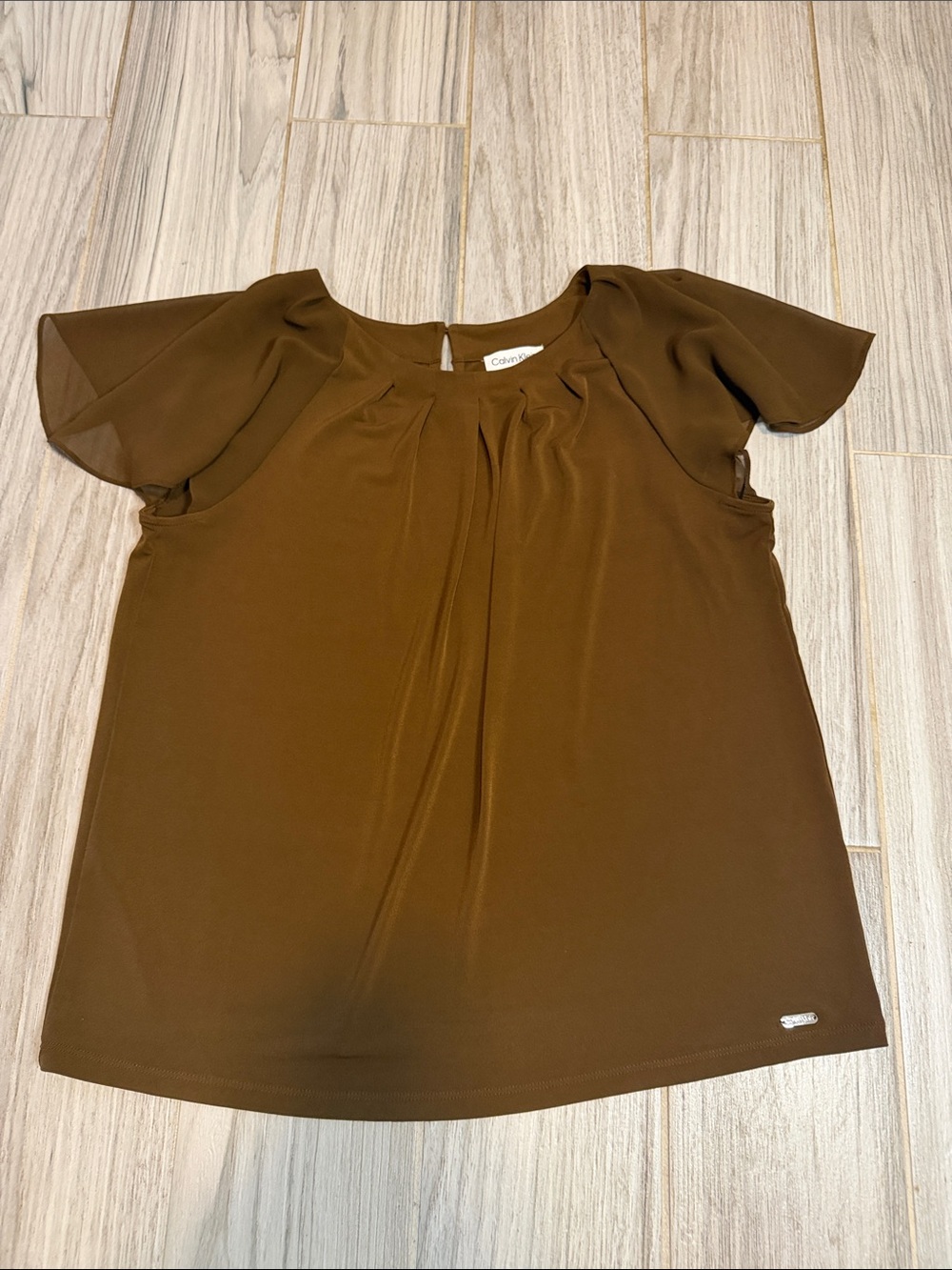 Calvin Klein Brown Short Sleeve Flutter Neck Blouse